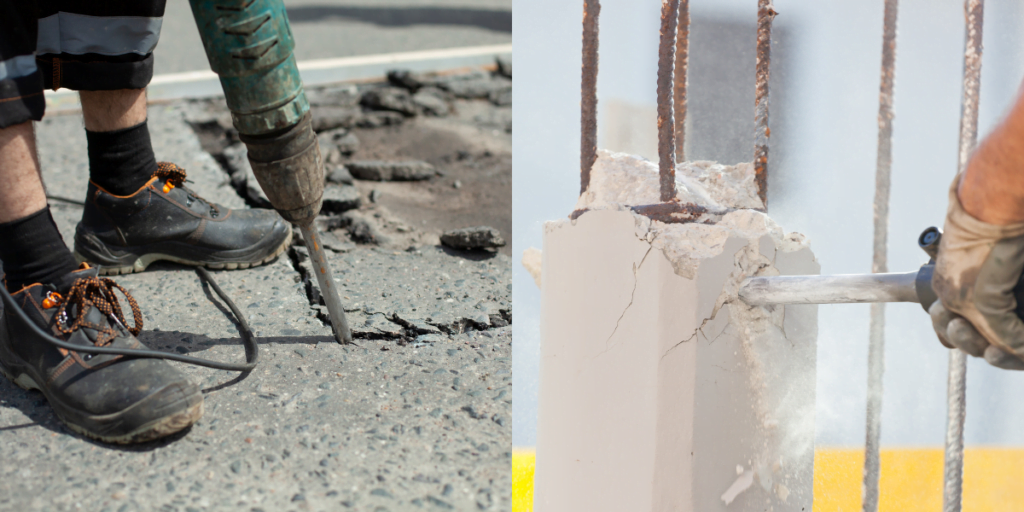 Two close-up photographs of concrete cutting, breaking, and removal in Jacksonville by Urban Edge Concrete. The photographs show the process of concrete removal in detail.