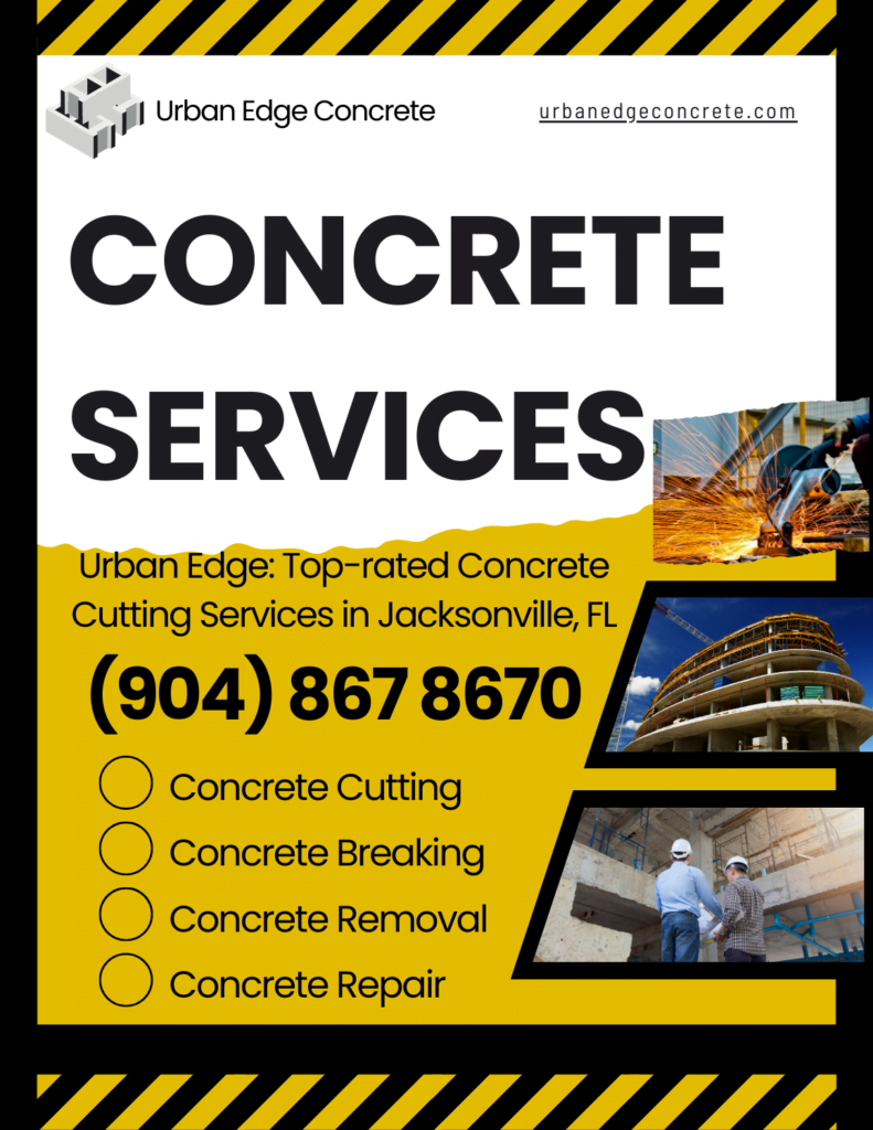 Poster of Urban Edge Concrete, including three photos taken at a construction site in Jacksonville Florida featuring concrete cutting work by Urban Edge Concrete professionals. The text 'Urban Edge: Top-rated Concrete Cutting Services in Jacksonville, FL' is located in the middle. Below the text is the business phone number 904-867-8670